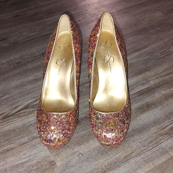Jessica Simpson multi colored closed square toe sequin 5.5” pumps, size 8.5 - Picture 2 of 9